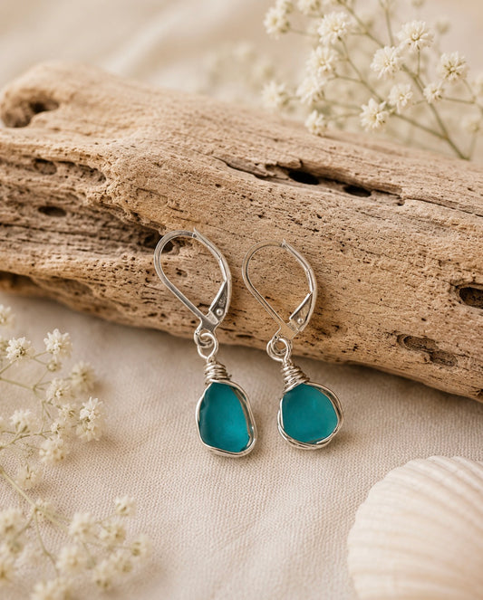 Dainty Aqua Sea Glass Drops Earrings