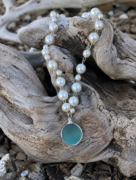 Second Story - Vintage Pearl & Aqua Sea Glass Choker