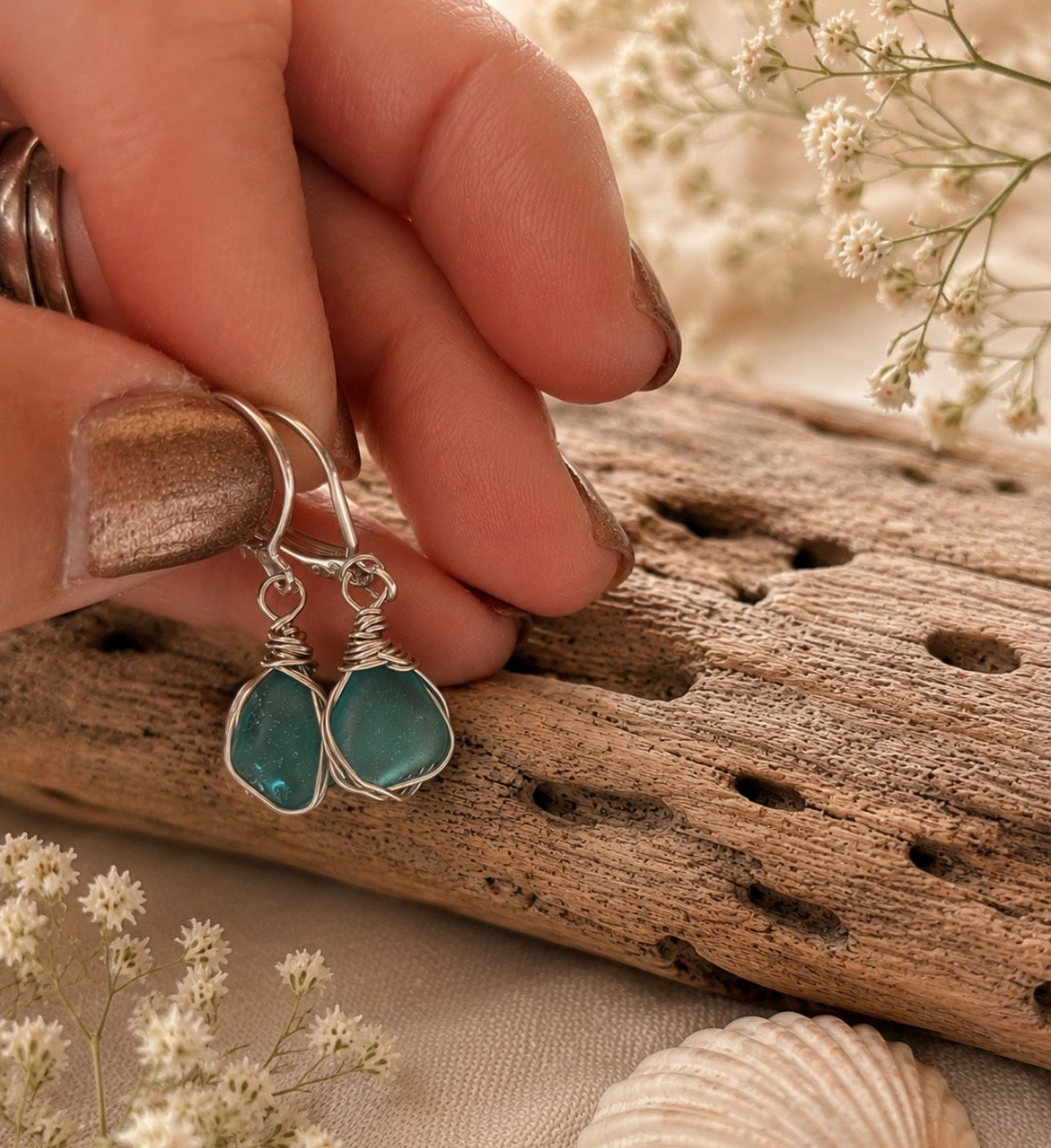 Dainty Aqua Sea Glass Drops Earrings