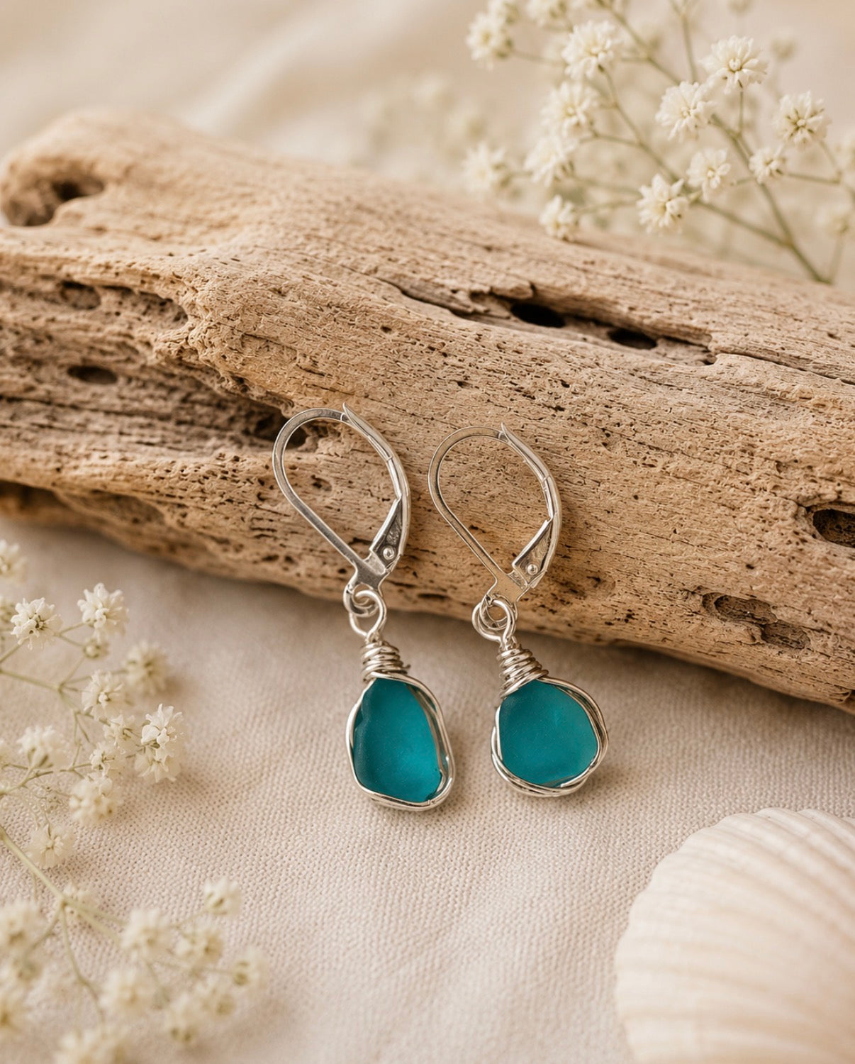 Dainty Aqua Sea Glass Drops Earrings
