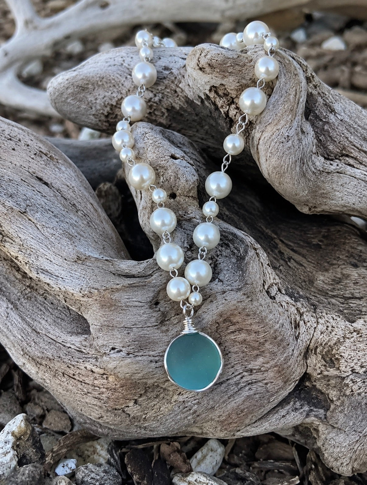 Second Story - Vintage Pearl & Aqua Sea Glass Choker