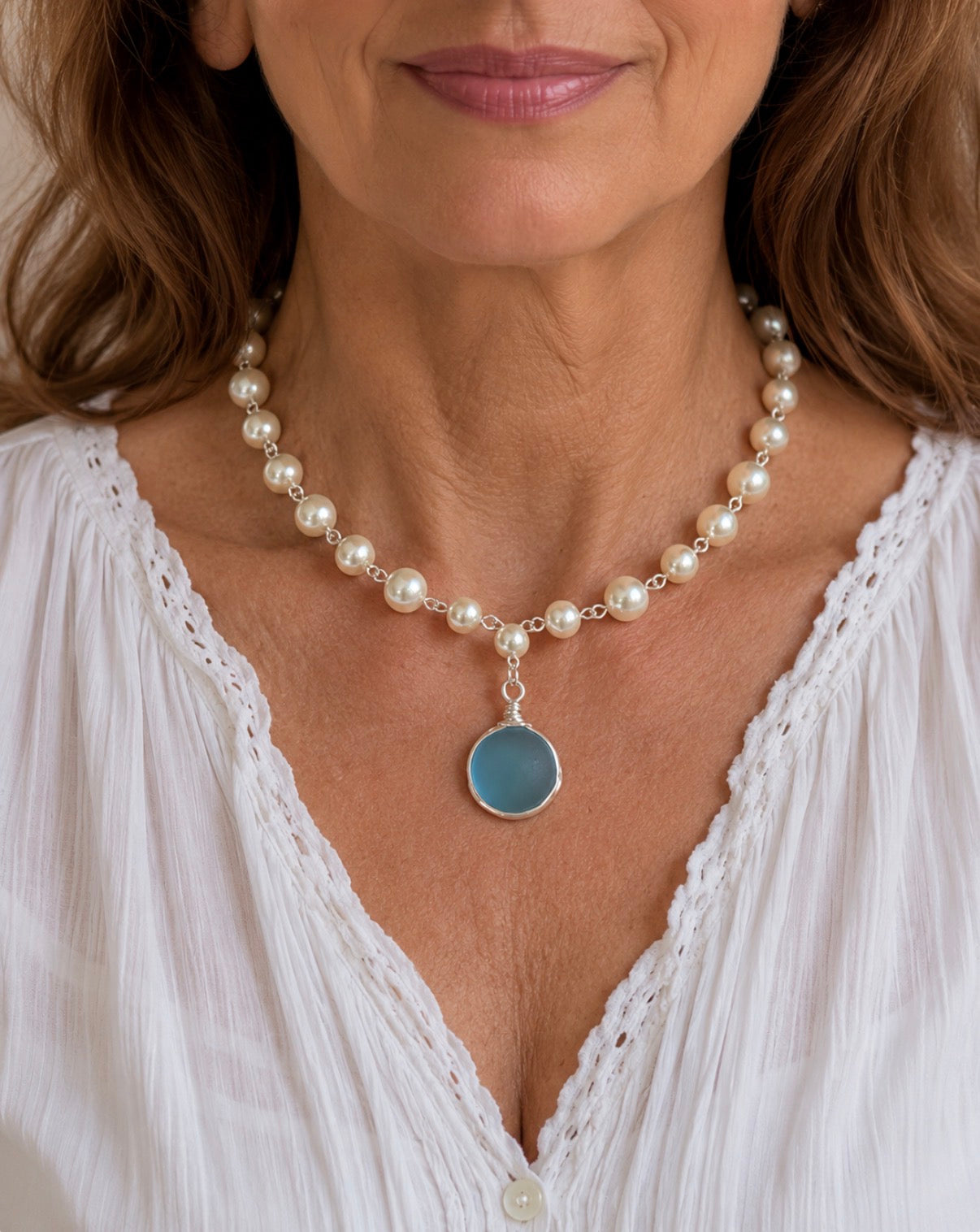 Second Story - Vintage Pearl & Aqua Sea Glass Choker