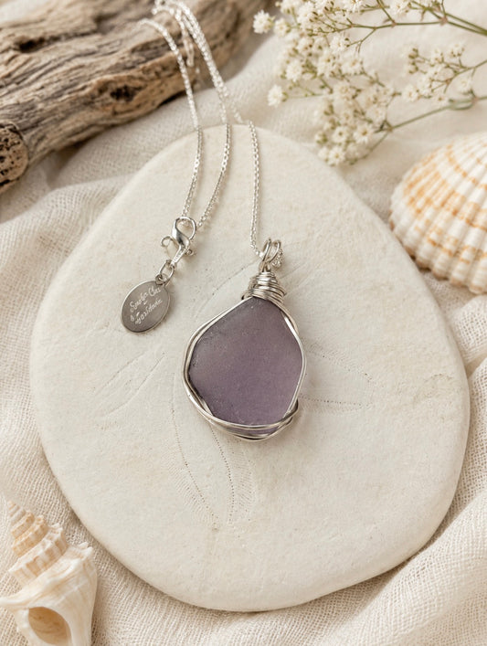 Lavender sea glass pendant hand wire-wrapped in sterling silver on an 18 inch chain