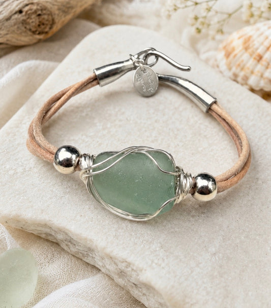 Simple Leather Bracelet in Deep Cola Green sea glass with natural tan suede leather
