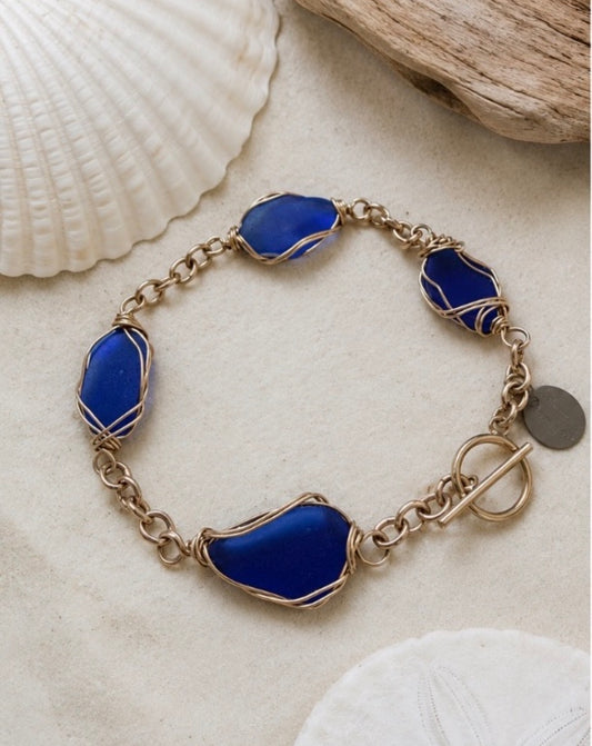 Cobalt & Gold Sea Glass Bracelet