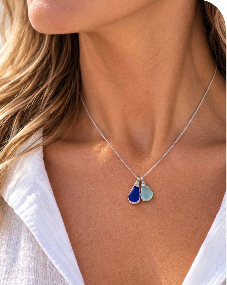 Mermaid Tears cobalt blue and Cola blue sea glass necklace worn