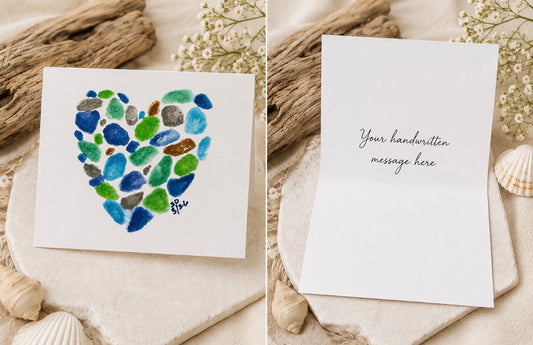 Handwritten note card with sea glass heart watercolor art