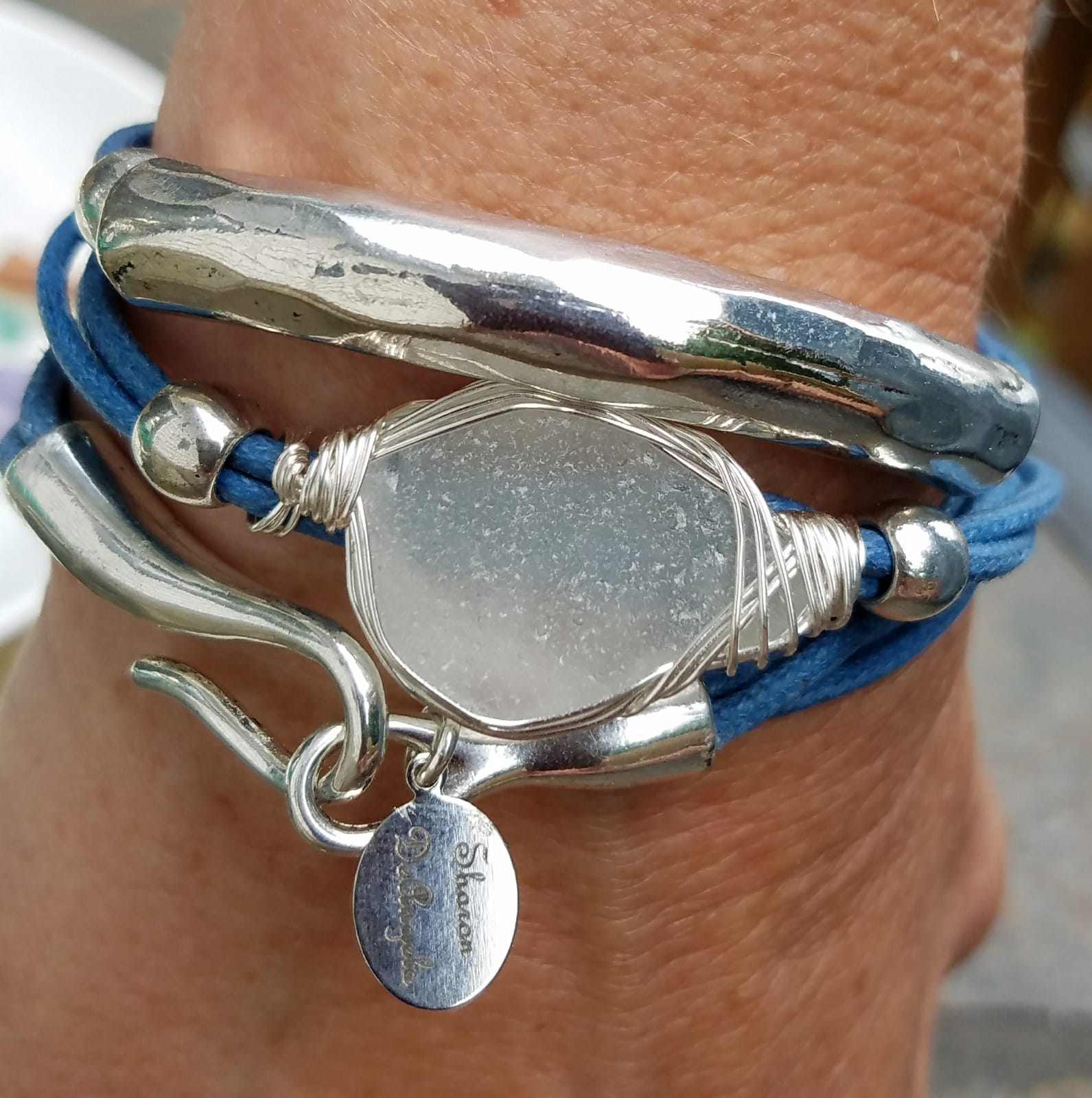 Bezel Set Sea Glass Bracelet With Cobalt Blue  Beach Elegance